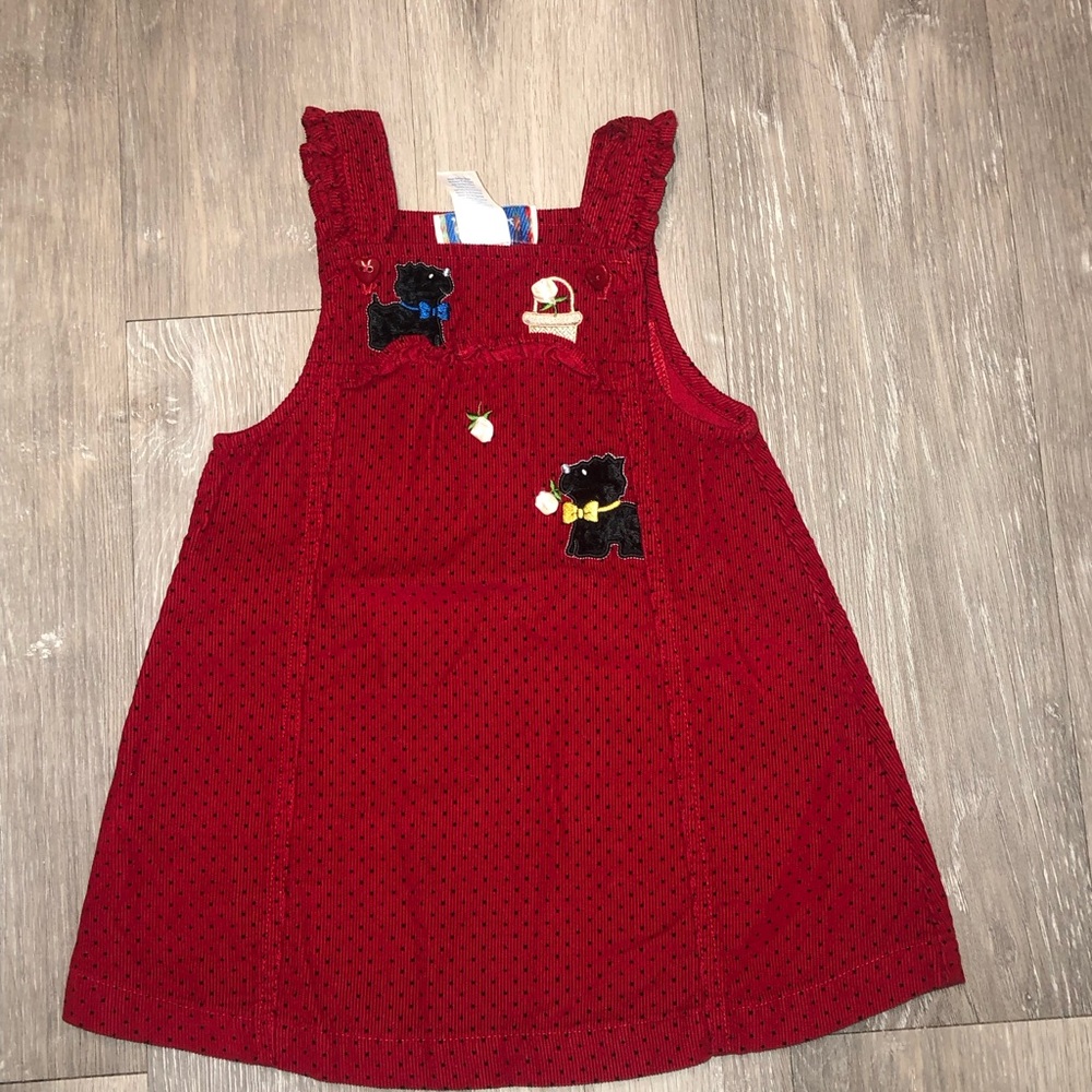 Red Corduroy Dress with cute dog  Appliques